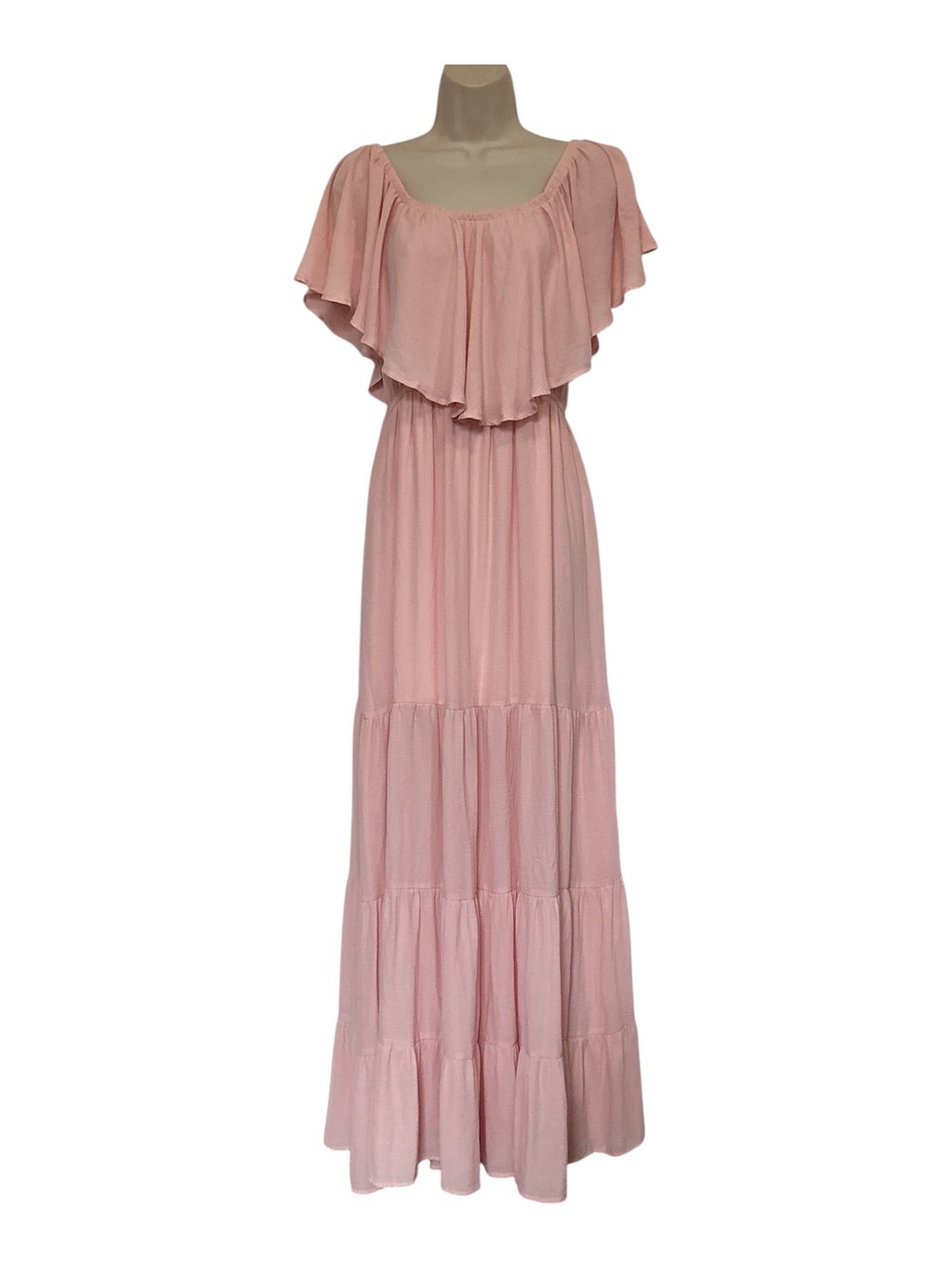 Venus Blush Pink Off Shoulder Maxi Dress Tiered Ruffle Size 12 Bridesmaid Boho - Picture 4 of 14